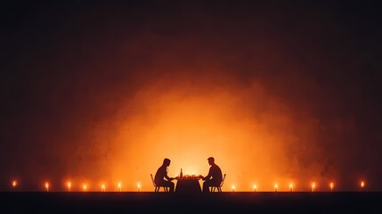 Romantic Dinner Silhouette, Couple enjoying a candlelit dinner at night.  Concept of love, intimacy, date, romance.