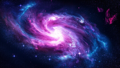 Obraz premium Ultra deep space background, glowing nebula with vivid purple, blue and pink colors, swirling galaxy center, sparkling stars and cosmic dust, high contrast, sci-fi atmosphere, photorealistic style.