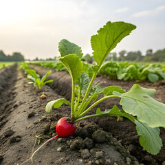 Radish plant growing in loose soil with a visible red bulb and green leaves.