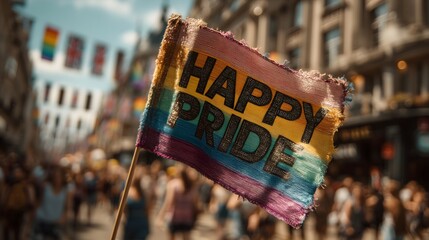 Joyful celebration of diversity with a rainbow flag during Pride Month in a bustling city street