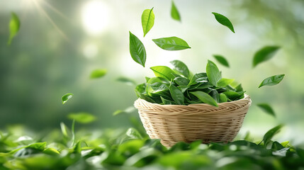 Creative picture of a basket of green tea leaves flying out of the summer tea garden - a concept of traditional Chinese tea culture
