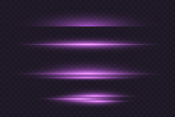 Set of abstract horizontal purple glowing lines. Dynamic movement of rays. Vector illustration in EPS format.
