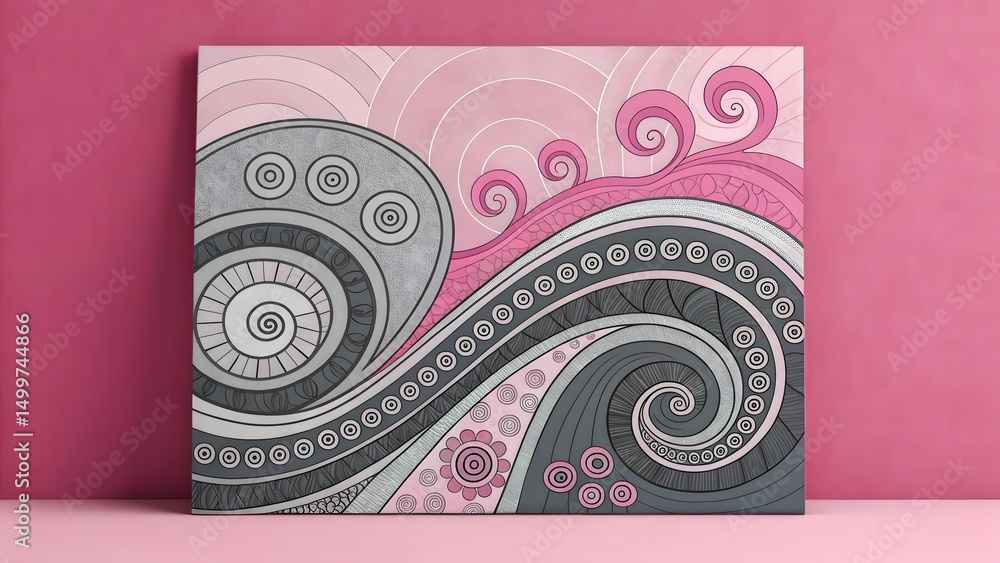 Poster elegant pink and grey abstract artwork featuring intricate swirls and circular motifs creating avisu