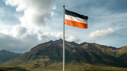 A scenic view of a flag waving against a backdrop of majestic mountains.