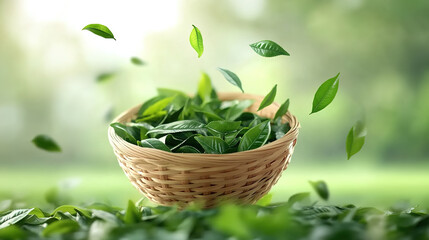 Creative picture of a basket of green tea leaves flying out of the summer tea garden - a concept of traditional Chinese tea culture