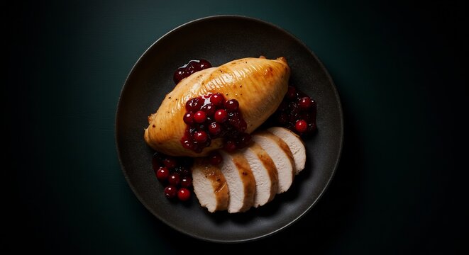 Roasted Chicken Breast with Cranberry Sauce on Dark Plate