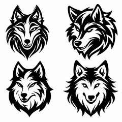 Four Black and White Wolf Head Designs: Tribal Style