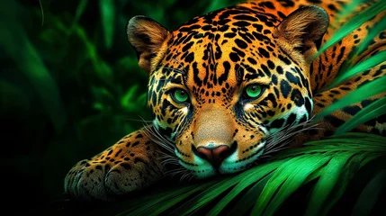 Tableau sur toile Animaux Jaguar lies in lush green vegetation, staring forward with striking green eyes and spotted golden fur.  © Raul