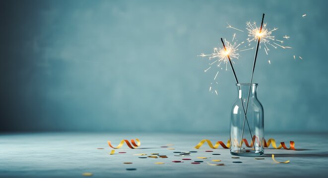 Sparkling Celebration Festive Sparklers in Glass Bottles with Colorful Confetti and Ribbons - Perfect for Party, New Year, Birthday, or Event Photography