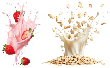PNG Strawberries in pink splash and oats in milk splash element set on transparent background.