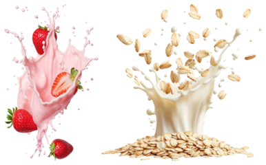 PNG Strawberries in pink splash and oats in milk splash element set on transparent background.