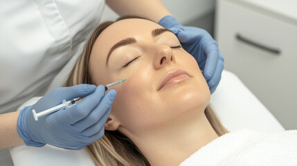 A serene scene of a woman receiving a cosmetic treatment in a professional setting.