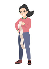 woman holding a bill with an angry expression