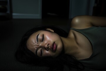 Young Woman Expressing Emotion Lying on Floor in Dim Light Setting