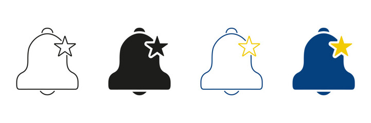 Bell With Star Line And Solid Icon Set. Notification Alert And Favorite Reminder Silhouette Symbol Collection. Communication And Priority Indication. Isolated Vector Illustration
