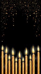 Festive Arrangement of Lit Birthday Candles with Falling Golden Confetti on Dark Background