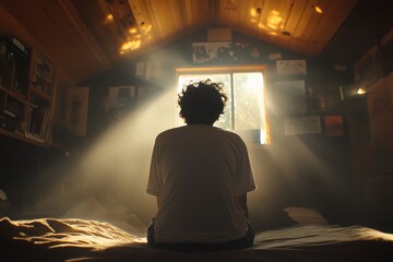 Fototapeta premium Young Person in Sunlit Room with Warm Lighting and Deep Reflection