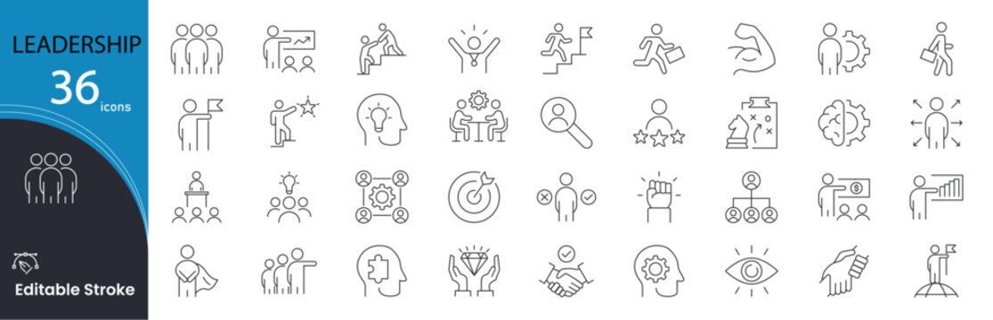 Leadership related icons set. Including vision, team, success, direction, decision, motivation, and influence. Editable stroke. outline icons.