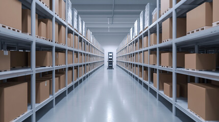 A spacious warehouse interior filled with neatly stacked cardboard boxes.