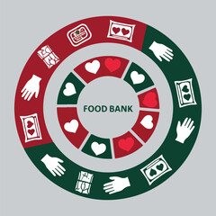 Vector design for National Food Bank Day featuring food package donations, hunger relief infographic, helping hands, and community support through food bank initiatives.