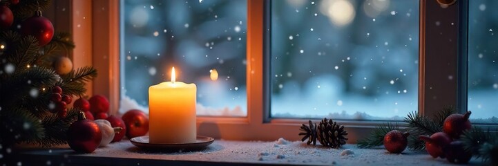 Cozy winter scene with a burning candle, snowflakes falling gently outside a frosted window  Perfect for holiday, hygge, and winter themes ,  christmas,  window