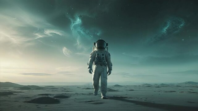 An astronaut walks across an alien landscape under a nebula filled sky capturing the exploration of space - Powered by Adobe