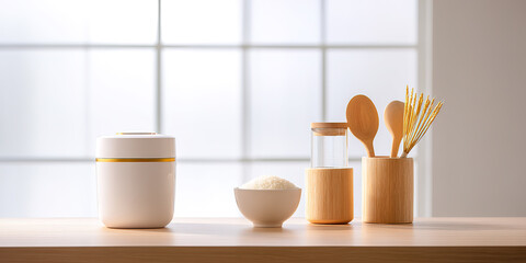 Smart rice cookers, rice cookers, and various kitchen utensils in warm colored kitchens