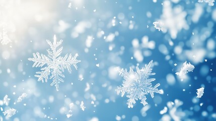Delicate Snowflakes Gently Falling from a Clear Blue Sky