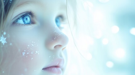 Close-Up of Child's Face with Soft Snowflakes in Winter Scene