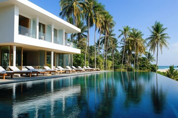 Fototapeta premium Villa with pool and palms reflection on a white background