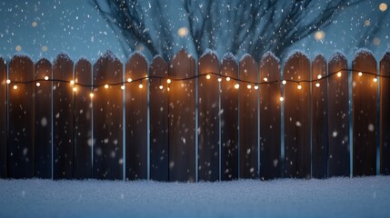 Glowing Lights on Fence Amidst Snowfall in a Night Scene