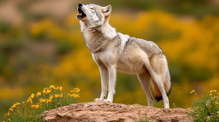 Fototapeta premium Majestic wolf howls while standing atop a rocky hill surrounded by blurred yellow wildflowers in the background.