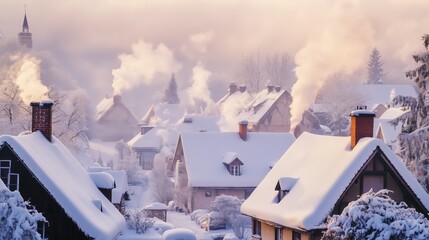 Snow Covered Rooftops in a Charming Winter Landscape at Sunrise