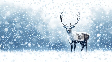 Snowy Winter Landscape with Majestic Reindeer in Foreground