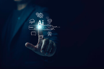 Men point finger to touch AI icons virtual graphics chatbots with AI, artificial intelligence search engines input commands to create new jobs technological transformation of the future.