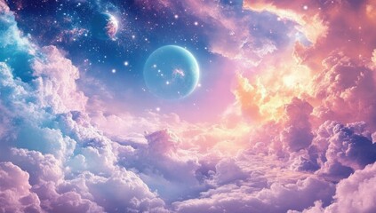 Obraz premium Dreamy, vibrant space cloudscape with celestial bodies
