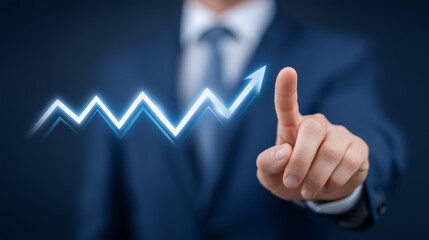 Close-up, businessman hand pointing at neon chart arrow, futuristic finance vibe, dark tones