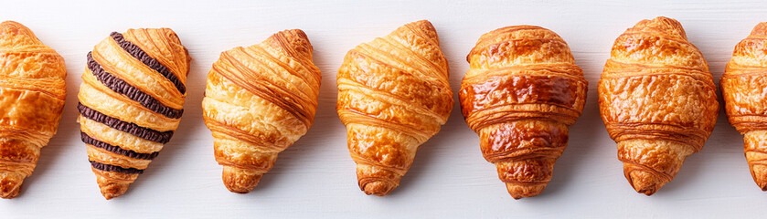 A tempting row of freshly baked croissants in a variety of textures and colors.