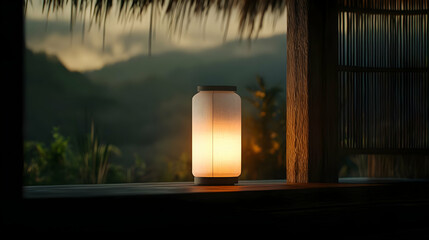Warm Glow Lamp In Wooden Hut With Mountain View