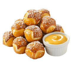 A handful of soft pretzel bites sprinkled with coarse salt, arranged in a casual pile with a cup of mustard sauce, isolated [Transparent Background PNG]