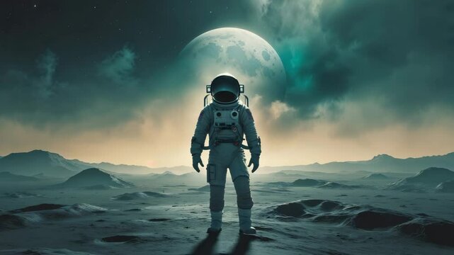 Astronaut stands on alien planet with a full moon and dramatic cloudy sky creating an atmospheric and surreal scifi scene