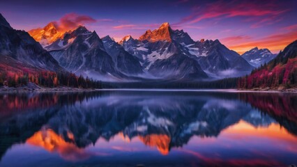 Serene mountain backdrop mirrored in calm lake waters under a stunning sunrise, creating a vibrant, tranquil landscape.