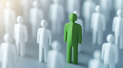 A unique green figure stands out among a crowd of white silhouettes in a conceptual scene.