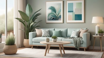 Light and airy living room, featuring a teal sofa, wooden coffee table, and framed artwork