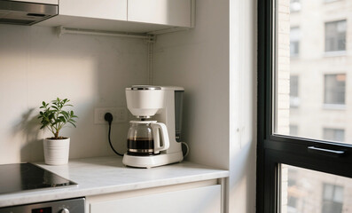 Modern Compact White Coffee Maker in Bright Small Kitchen with Plant by Window and Urban View