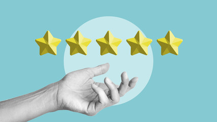 Feedback concept as as collage with hand and five-star icon rating. Online reputation management...