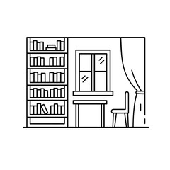 Cozy reading room with bookshelf, desk, and chair near window. Bookshelf filled with various books provides quiet study space. Comfortable reading corner ideal for students learning or teachers prepar