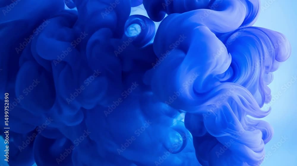 Poster abstract blue ink swirling in water, creating a mesmerizing cloud of color and ethereal texture