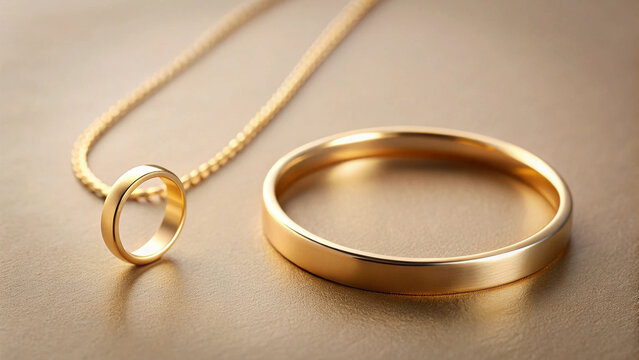Simple and minimalist jewelry, such as a thin gold ring or necklace, placed against a neutral background to highlight its elegance