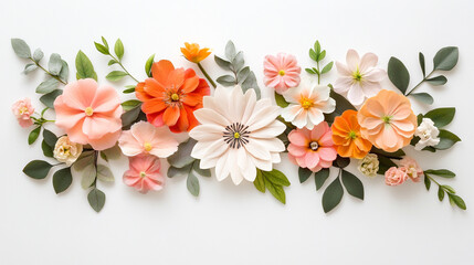 A vibrant arrangement of various flowers and leaves in bright colors and exquisite detail.